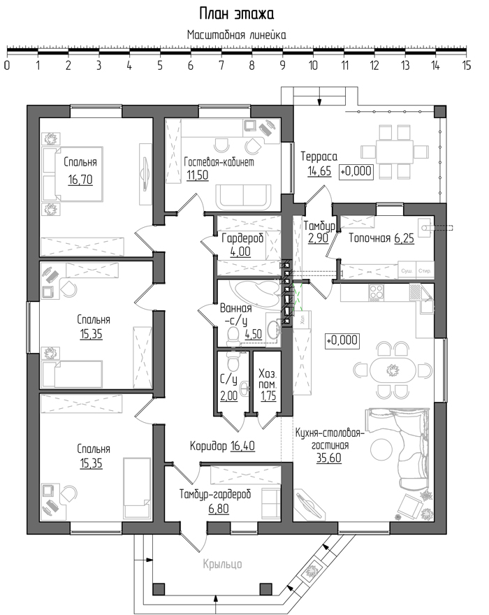 План этажа с четырьмя спальнями