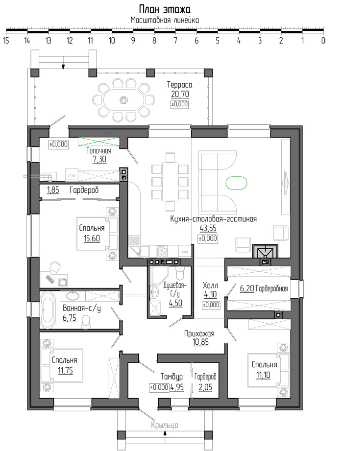 План этажа с тремя спальнями